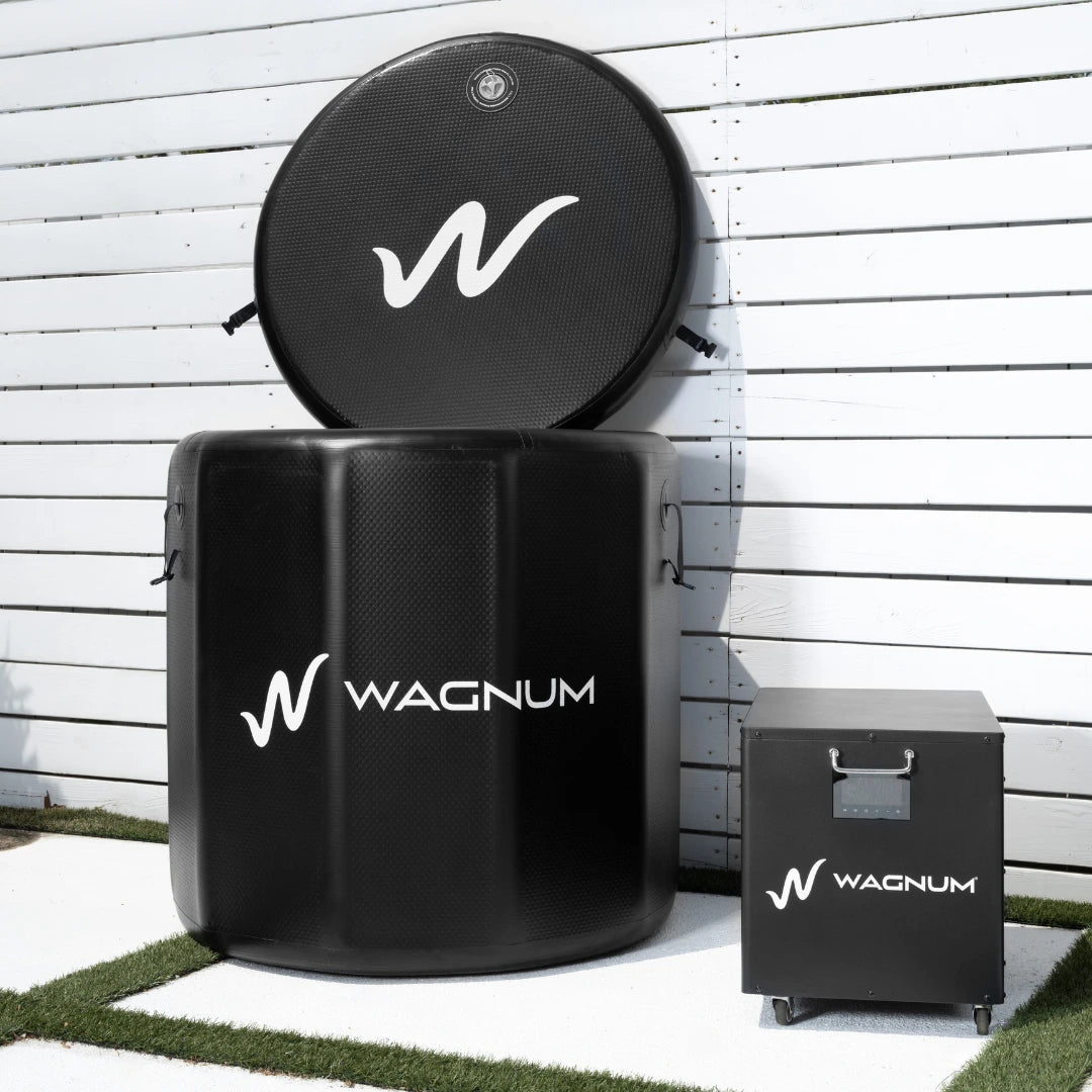 WAGNUM ice tub set with case on a white wooden background