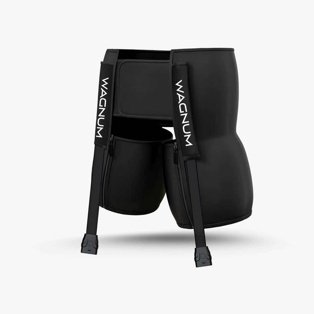 Black air compression hip attachment for muscle recovery gear with 'WAGNUM' branding on a white background.