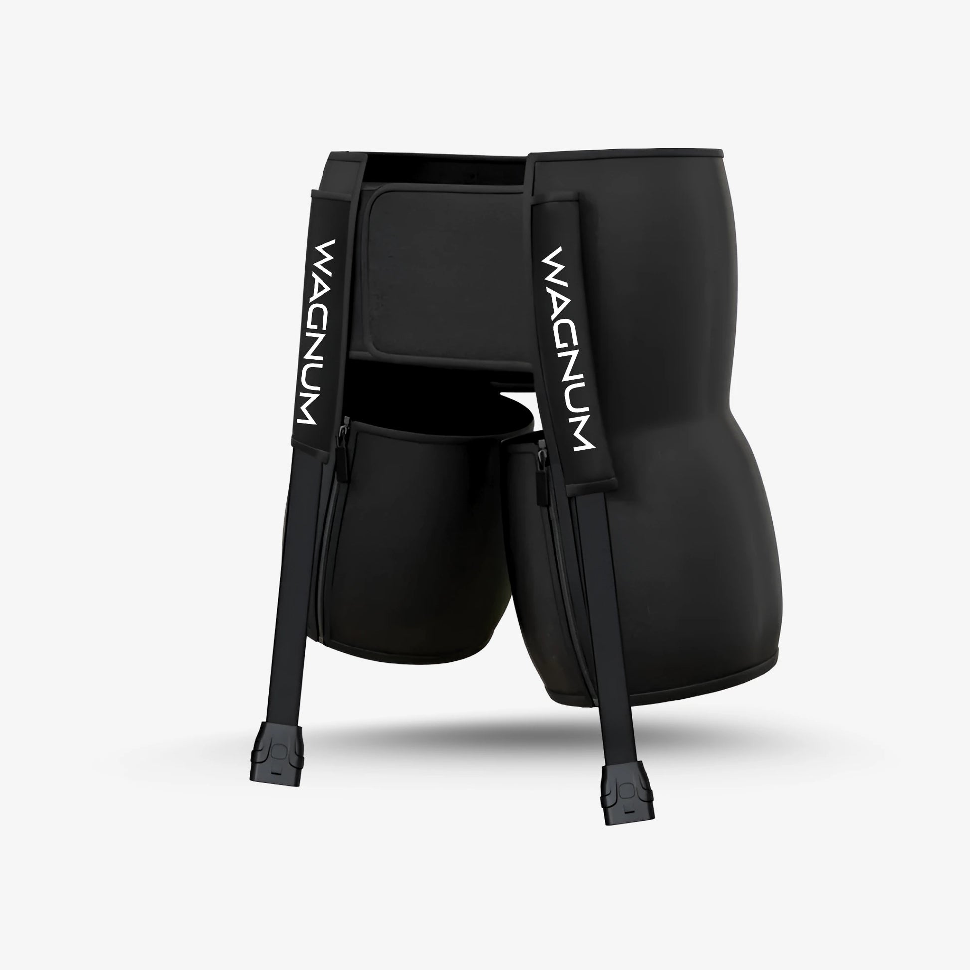 Black air compression hip attachment for muscle recovery gear with 'WAGNUM' branding on a white background.