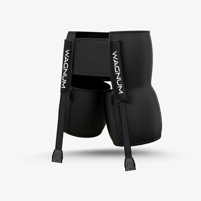 Black air compression hip attachment for muscle recovery gear with 'WAGNUM' branding on a white background.