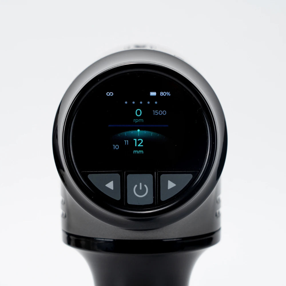 WAGNUM PRORange massage gun LCD screen demonstrating the adjustable depth feature.