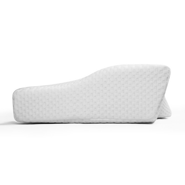 White colour contoured memory foam pillow view from the side.