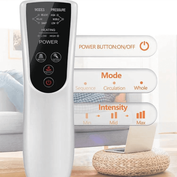 Smart control featuring on and off button, three types of massage mode targeting full leg massage with three different intensity options.