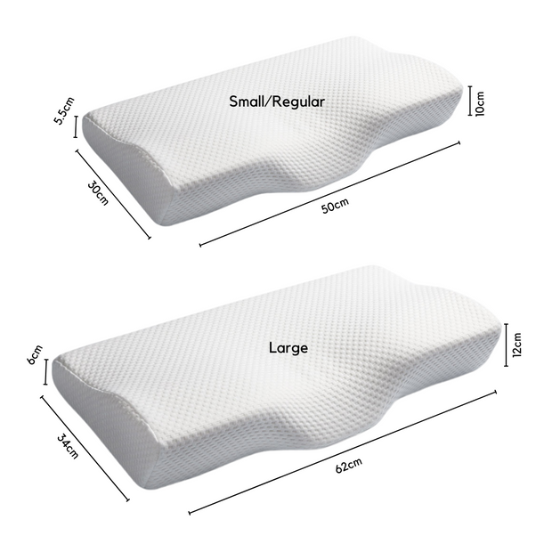 White contoured foam pillow small/regular size and large size specification.